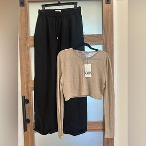 Zara Black Pants and Tan Cropped Top Set